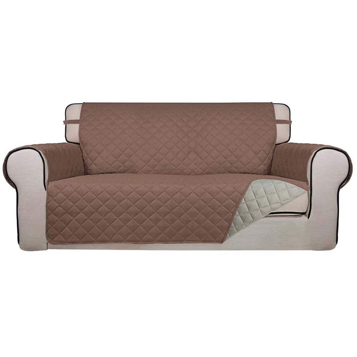 Reversible quilted sofa cover with brown top and beige underside, fitted for loveseat