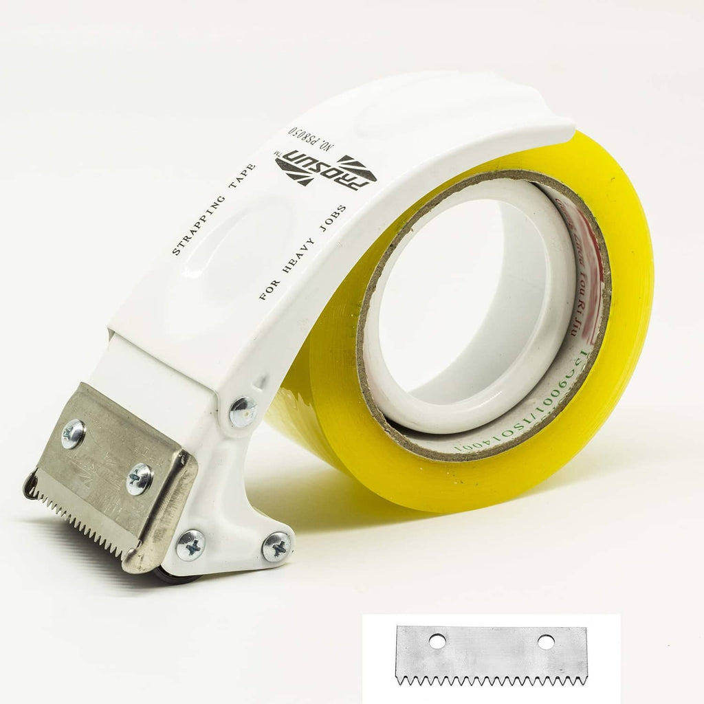 Metal tape dispenser gun with 2-inch tape roll, yellow and white body
