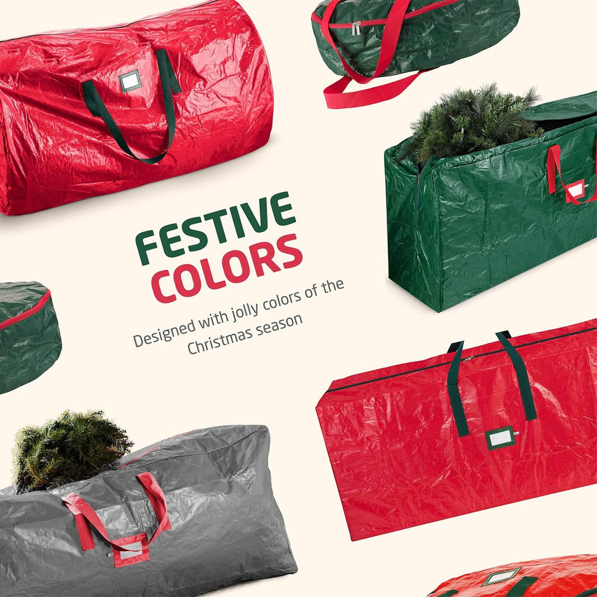 Christmas tree storage bags in multiple colors with red carry handles