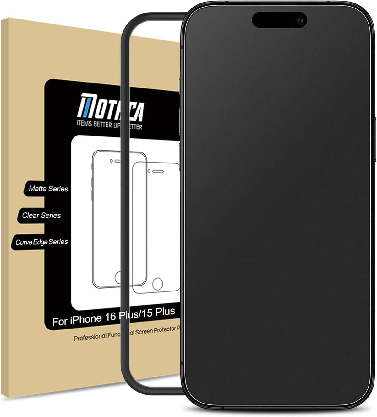 Matte glass screen protector package with clear film and black iPhone front