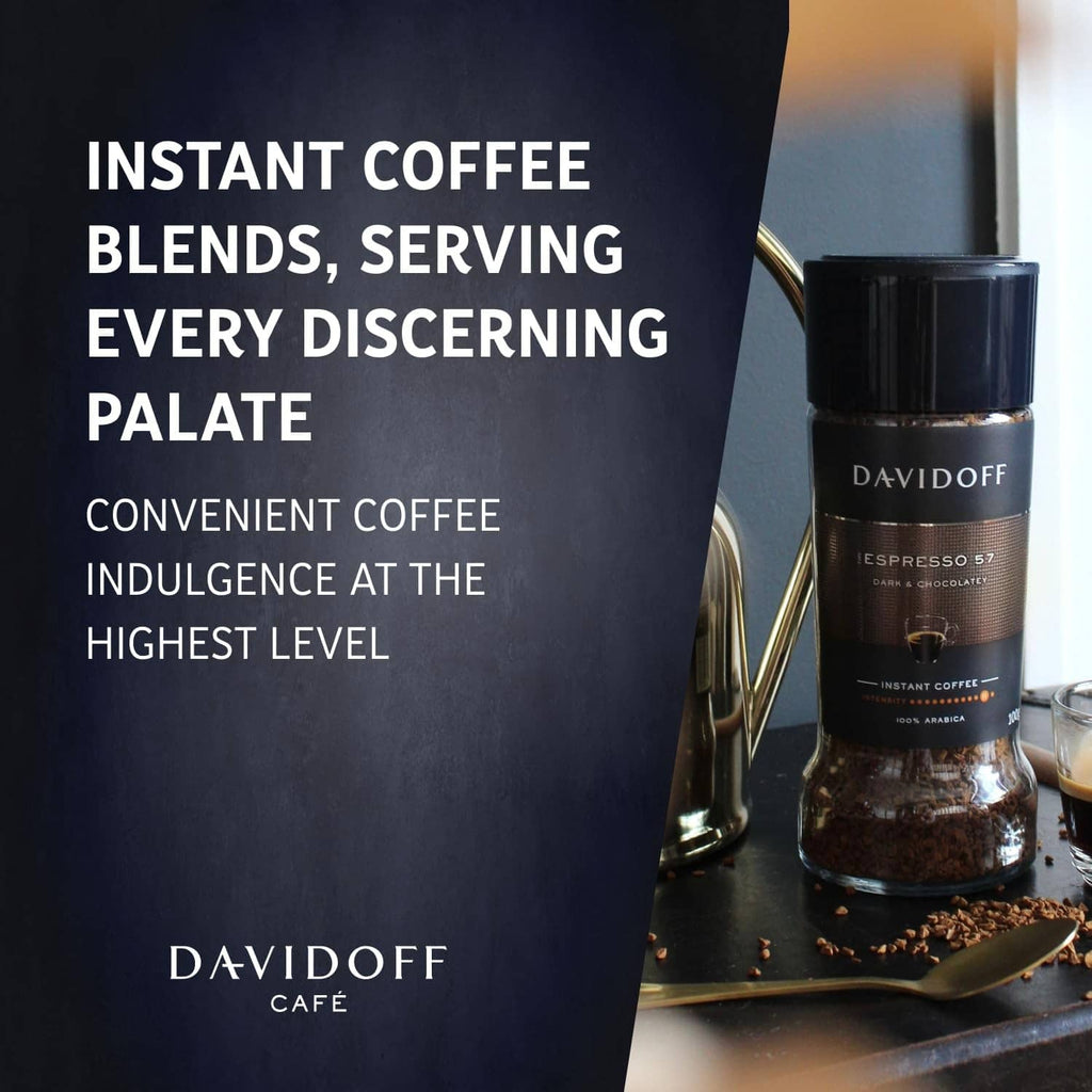 Davidoff Espresso 57 instant coffee jar with serving graphic and metal spoon