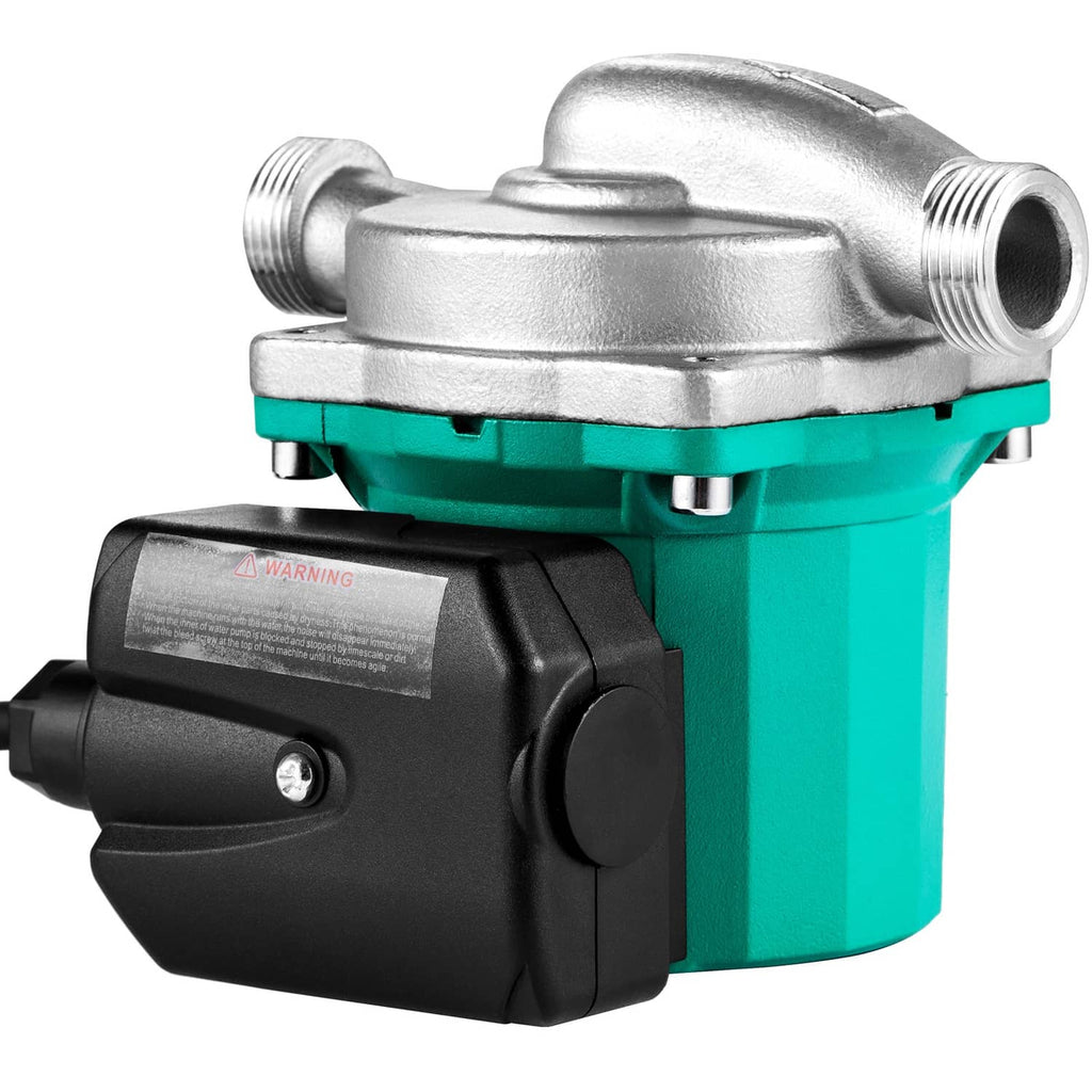 Hot water circulation pump with controller housing, black casing and teal base, threaded connections