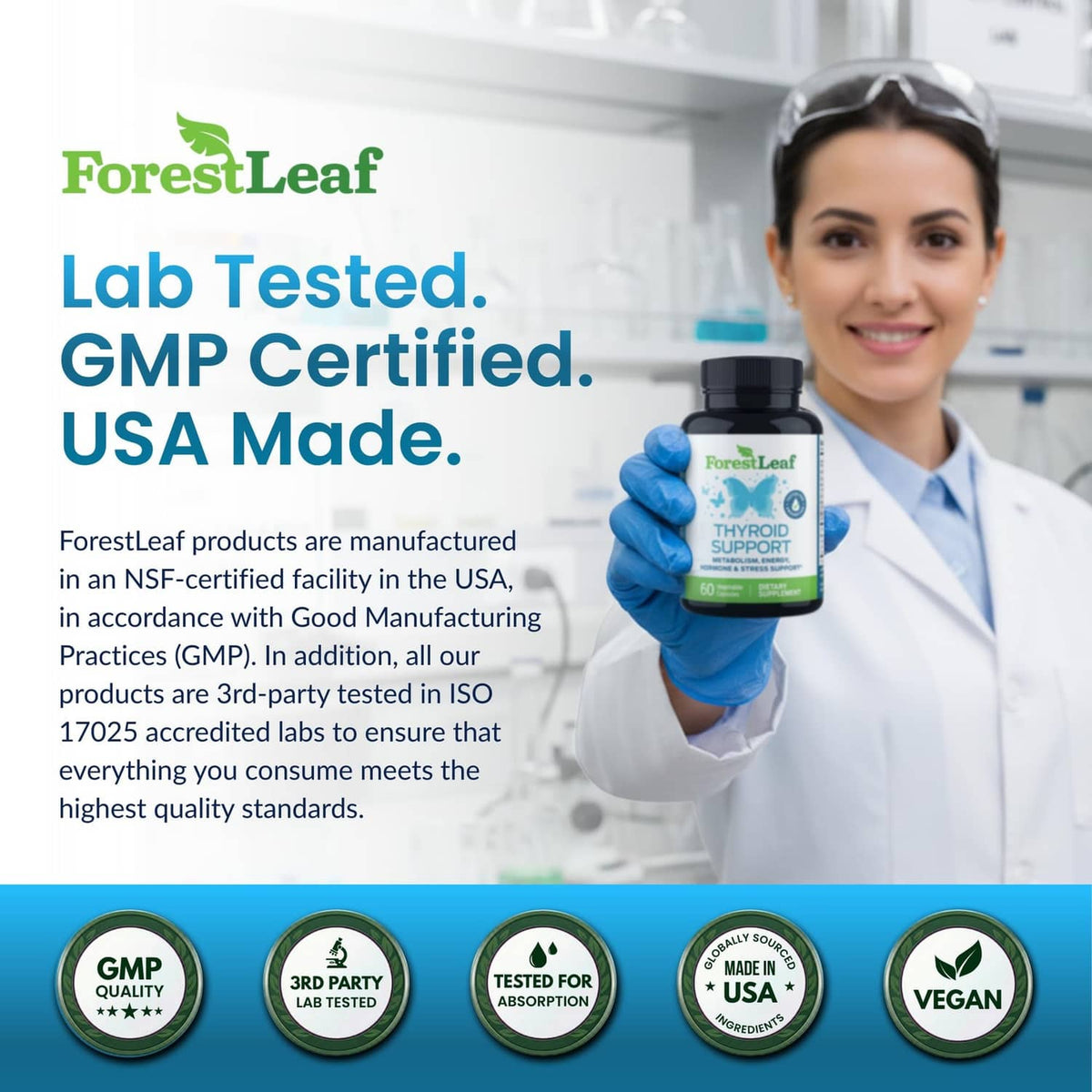 Thyroid support supplement bottle held by lab professional, with GMP and made in USA badges