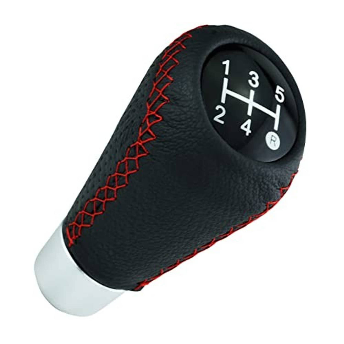Black leather 5-speed gear shift knob with red stitching along side and round numbered shift dial