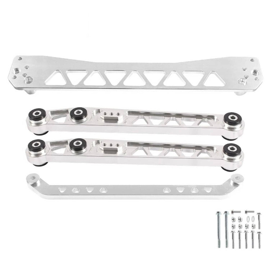 Silver rear subframe brace tie bar kit with two link arms and mounting hardware