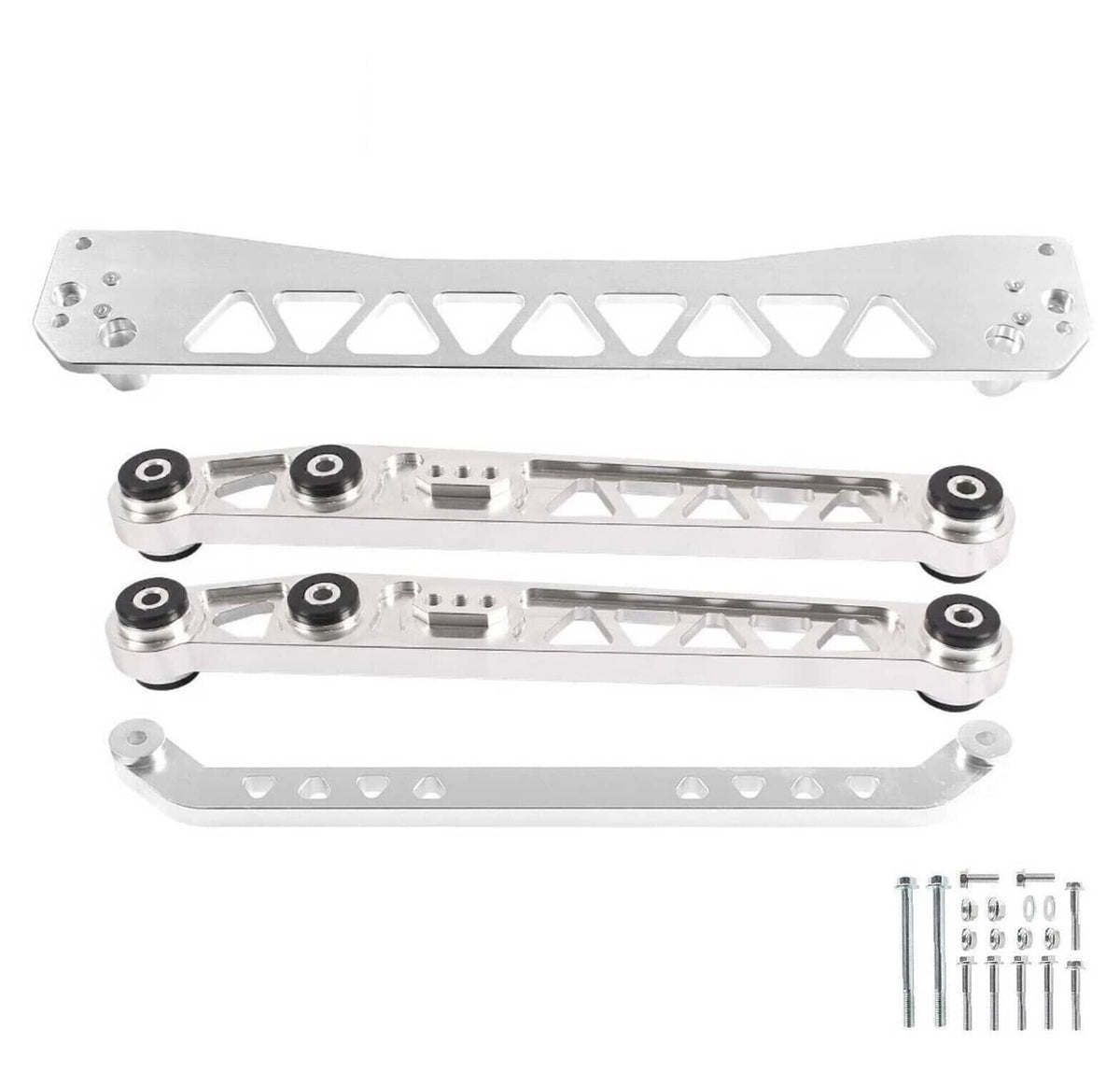 Silver rear subframe brace tie bar kit with two link arms and mounting hardware