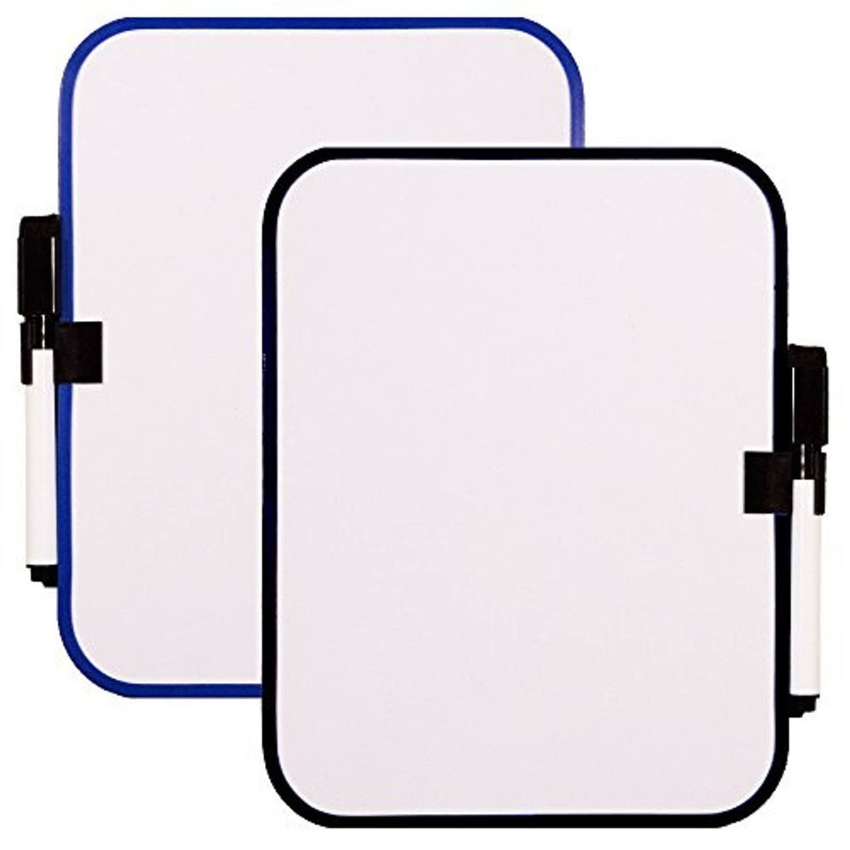 Set of two square whiteboards with magnet strips, rounded corners, blue and black frames