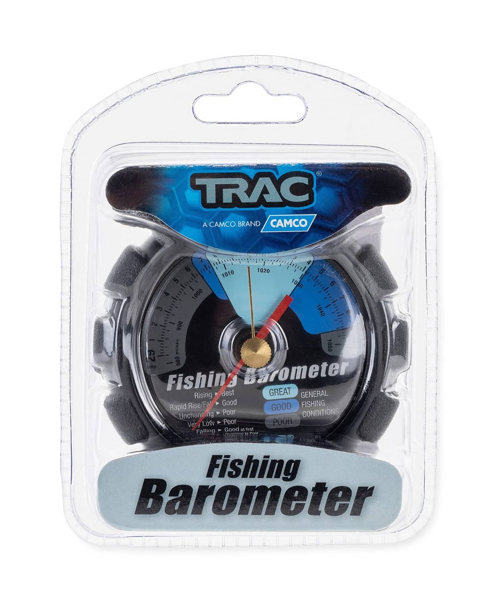 Blister-packaged TRAC fishing barometer with blue dial, CAMCO and TRAC logos