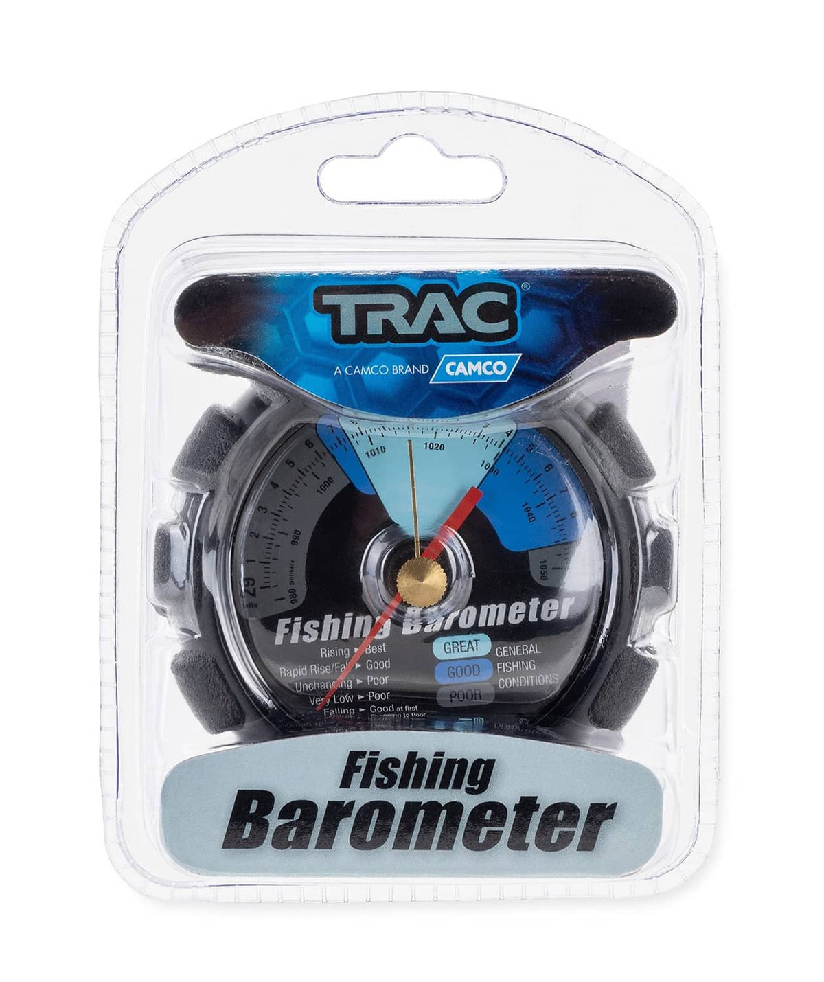 Blister-packaged TRAC fishing barometer with blue dial, CAMCO and TRAC logos