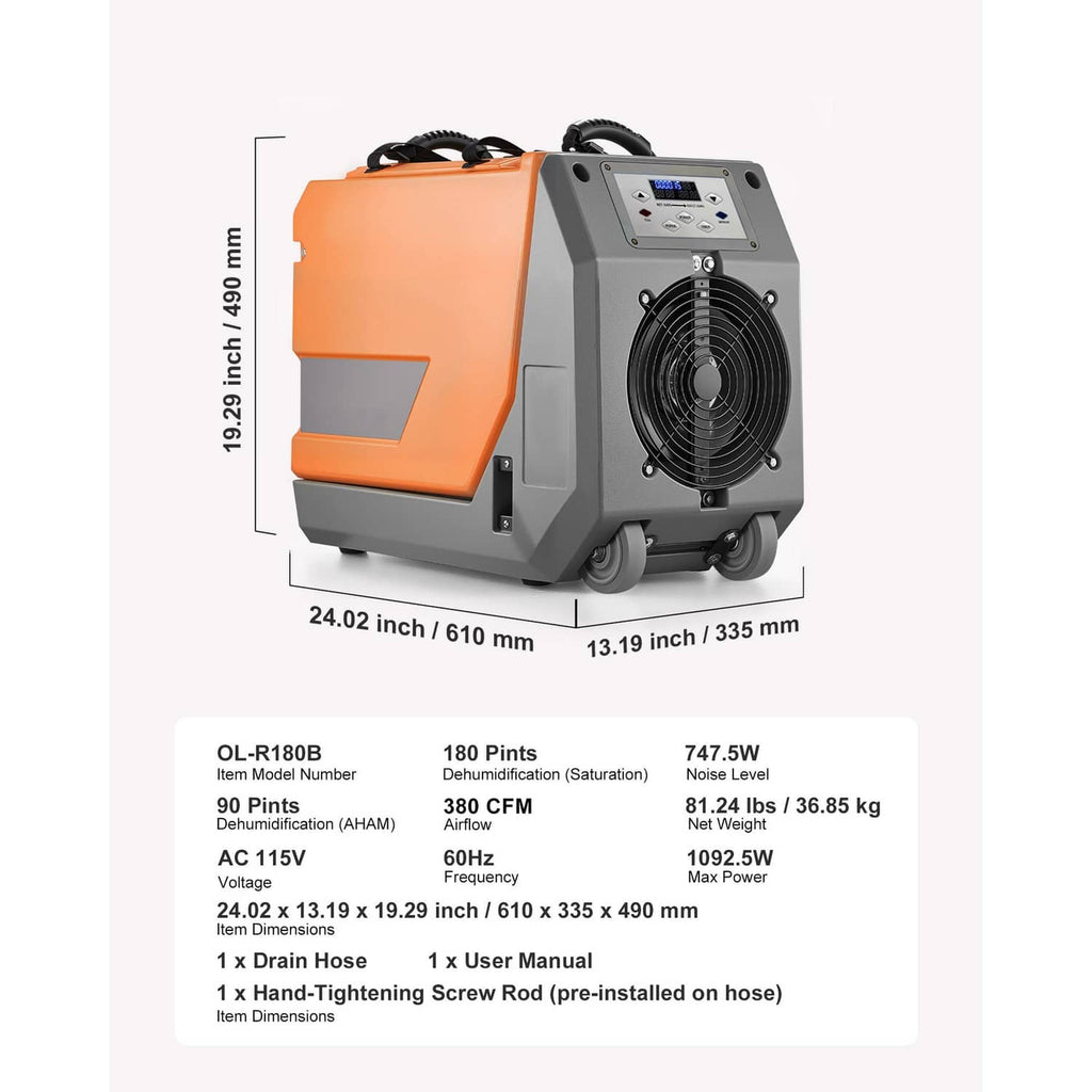 Portable dehumidifier with pump, size diagram and front fan in orange and gray