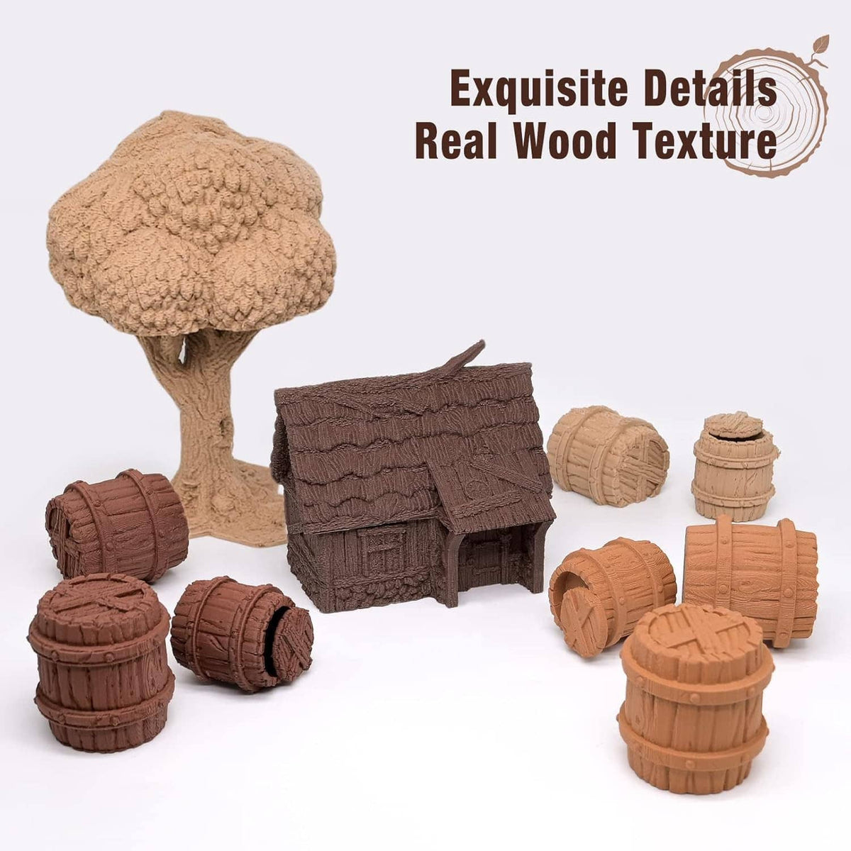 Wood-textured PLA filament samples with mini tree, house, and barrel shapes