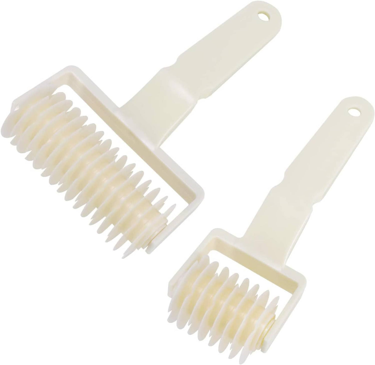 Two-piece lattice dough roller cutter set with cream handles and ridged rollers