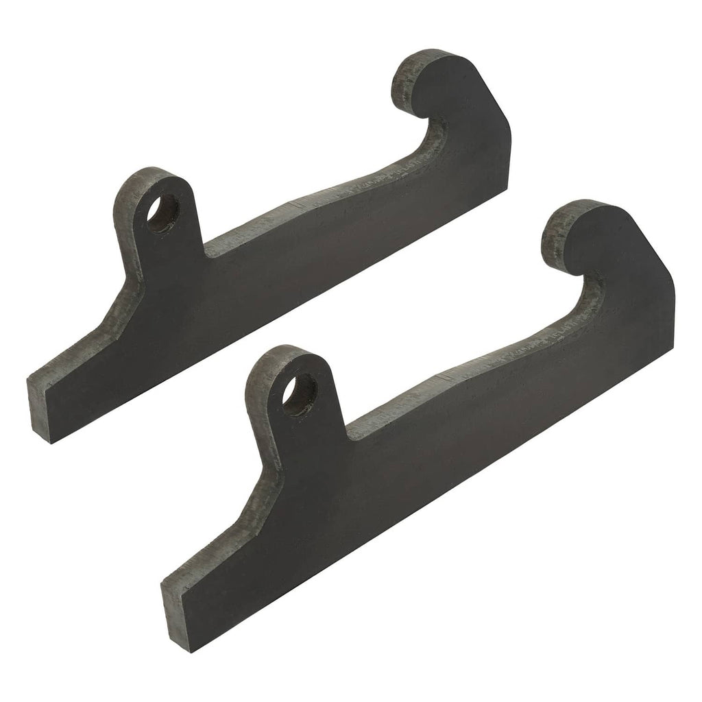 Two black loader brackets angled view with curved end caps and mounting holes