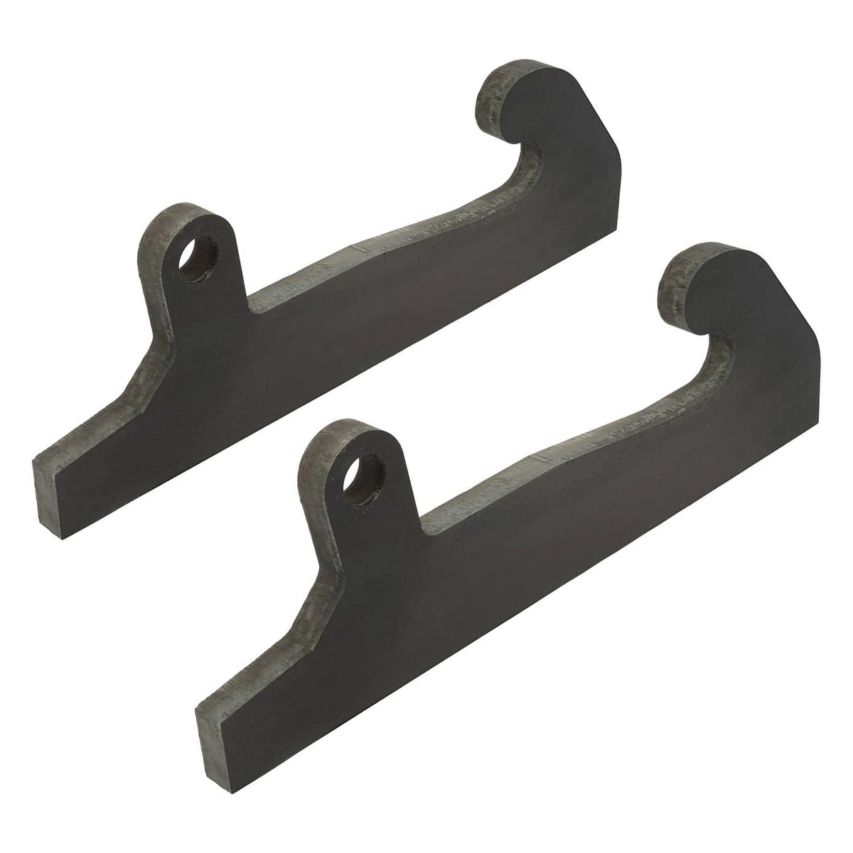 Two black loader brackets angled view with curved end caps and mounting holes