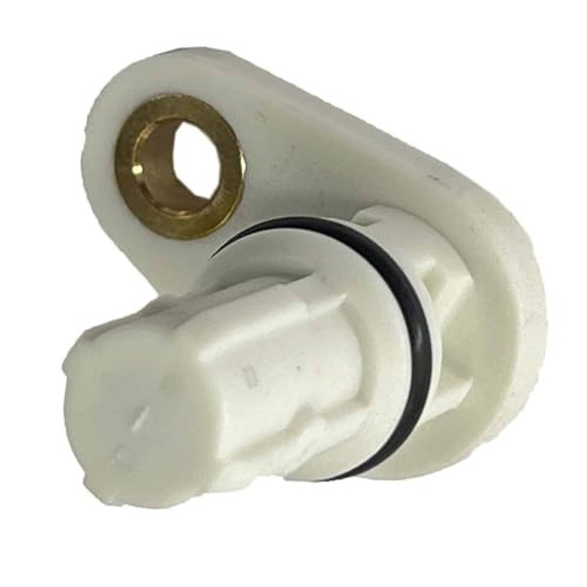 Crankshaft position sensor close-up of white housing and black rubber ring