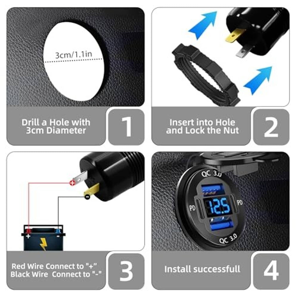 Black car USB outlet installation shown on textured panel with digital QC/PD display