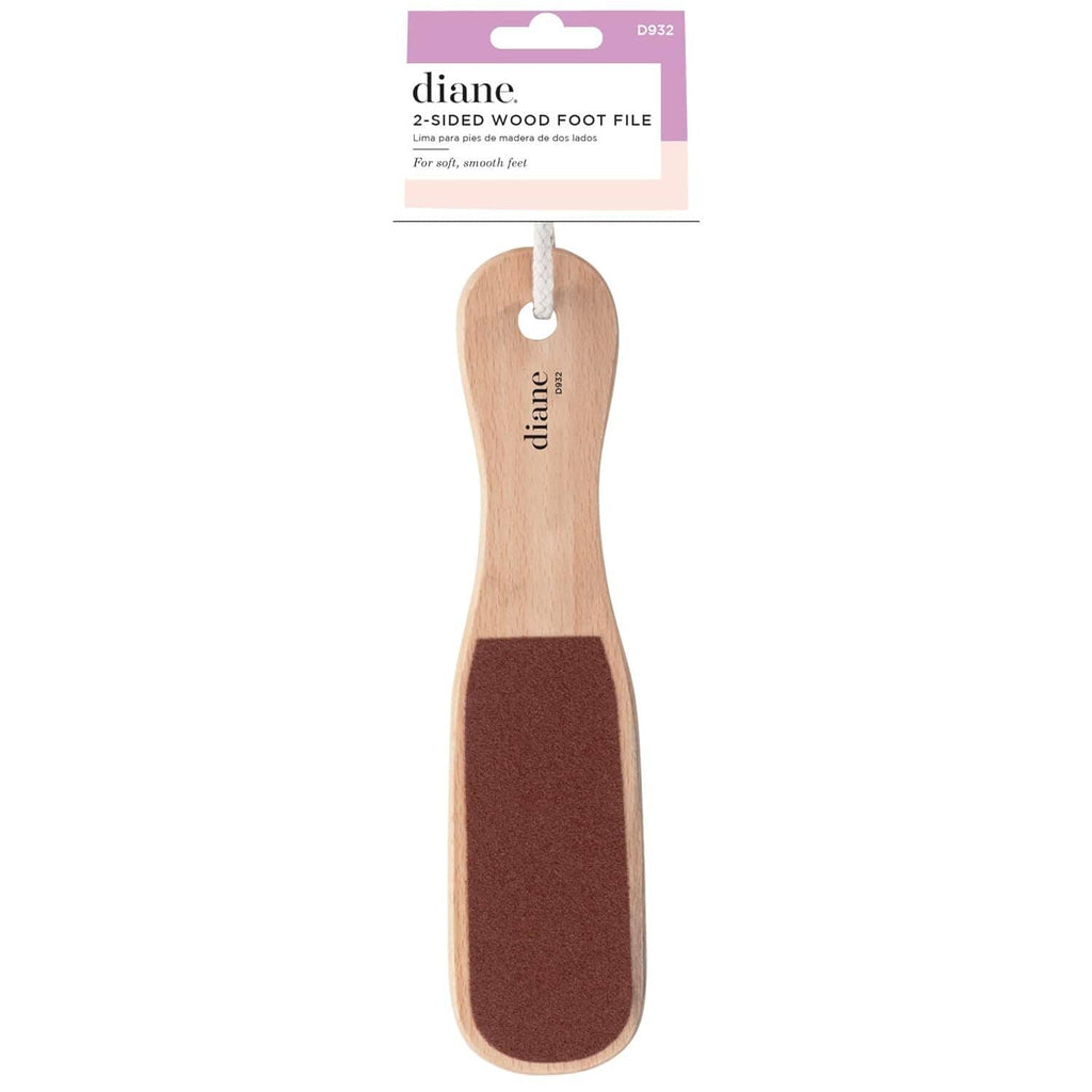 Double-sided wooden foot file with dark abrasive pad and hanging loop