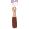 Double-sided wooden foot file with dark abrasive pad and hanging loop