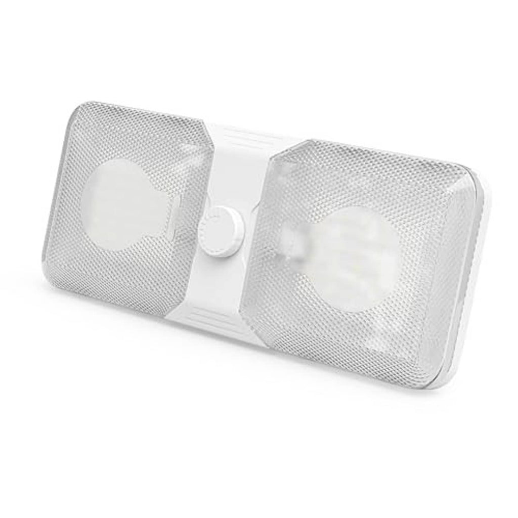 Double dome LED ceiling light fixture with two frosted mesh lenses and white dimmer knob