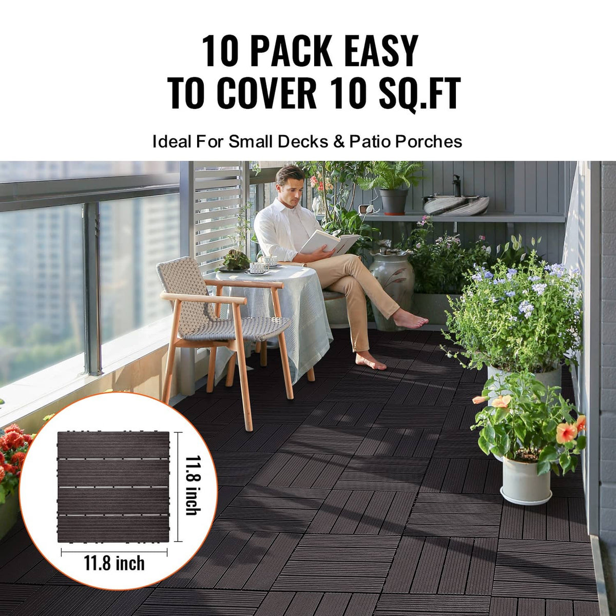 Interlocking deck tiles, dark brown square panels laid in an outdoor patio layout