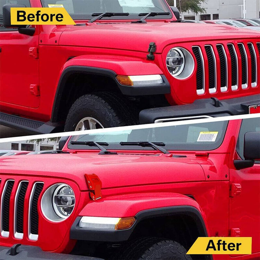 Hood latch lock installed on a red Jeep Wrangler JK/JL, front view