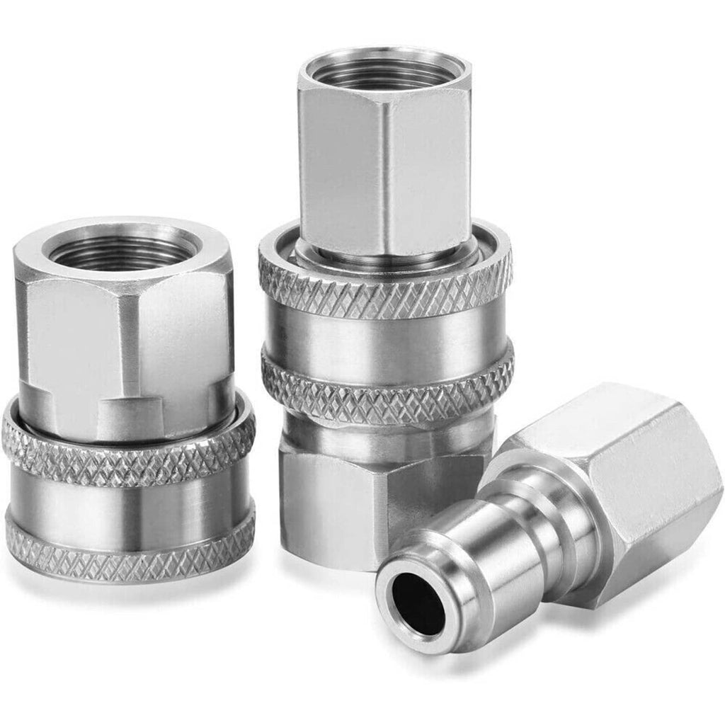 Stainless steel quick connector kit with four couplers and knurled grip rings