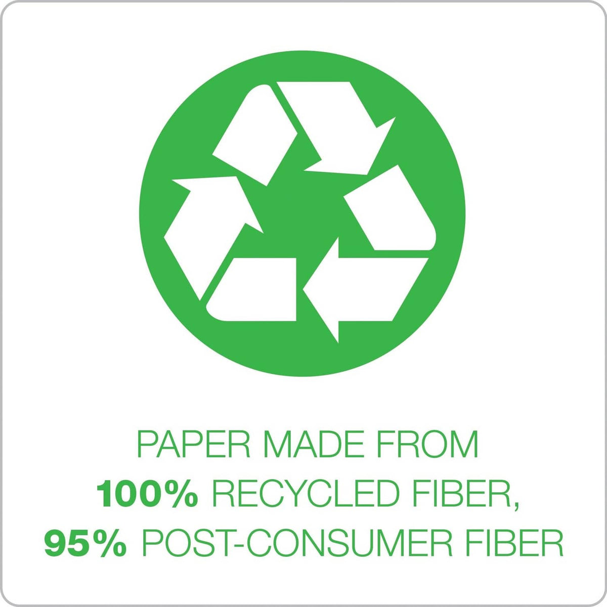 Green hanging file folder packaging with recycling icon and recycled fiber badge