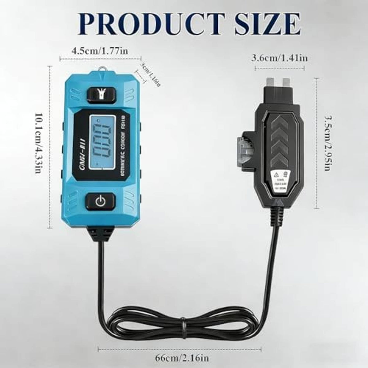 Blue current tester and black adapter shown together, with cable length for size reference