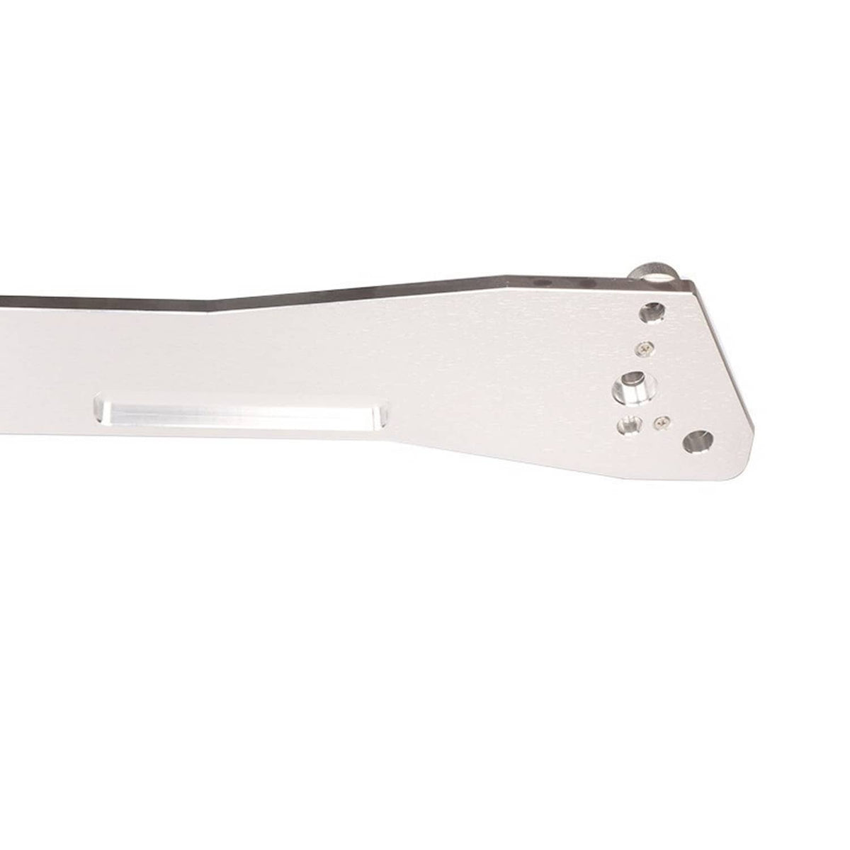 Silver rear lower chassis tie brace bar with end mounting bracket and bolt hole