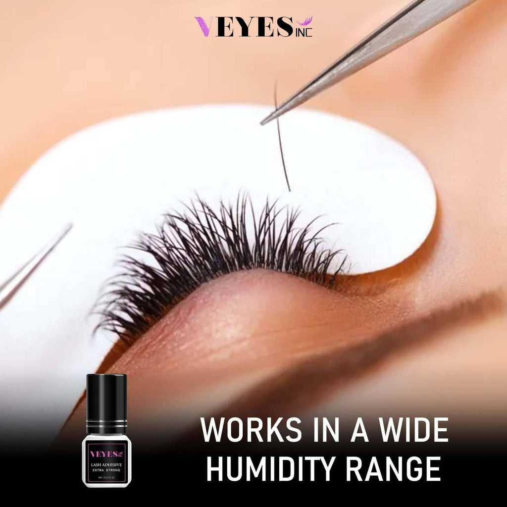 VEYES inc eyelash adhesive bottle with applicator tip and humidity-range claim