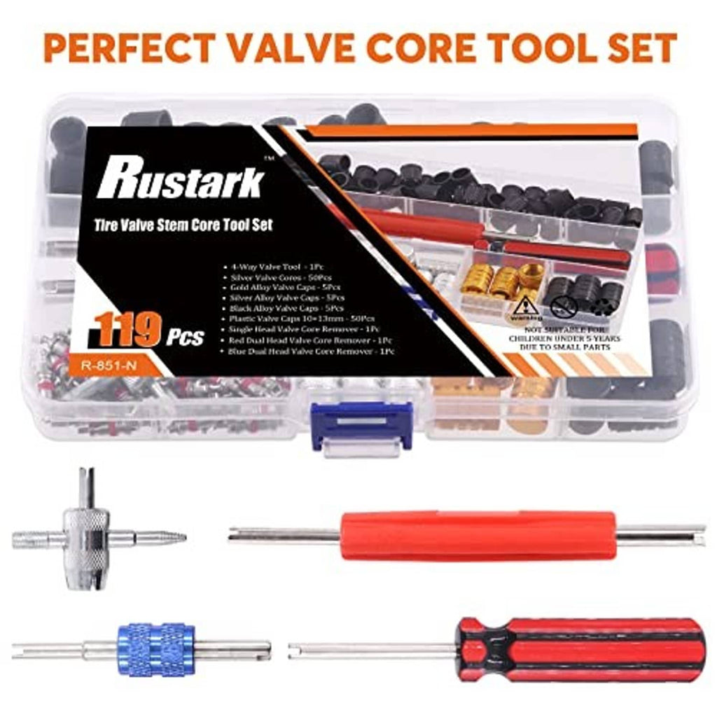 Valve core tool set in clear organizer with red handles and assorted valve caps