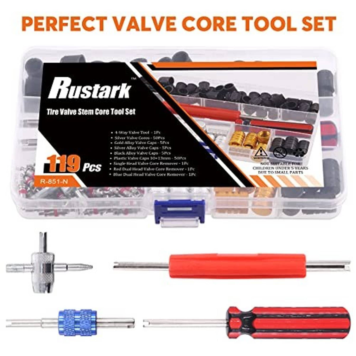 Valve core tool set in clear organizer with red handles and assorted valve caps