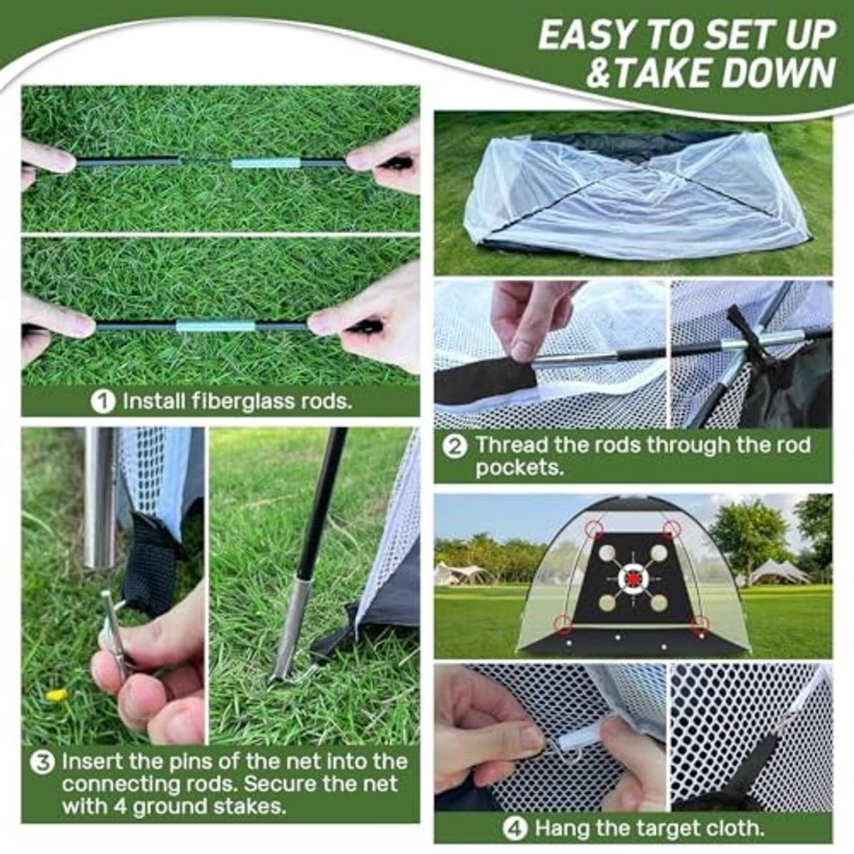Golf practice net setup showing net fabric, fiberglass rods, and ground stakes