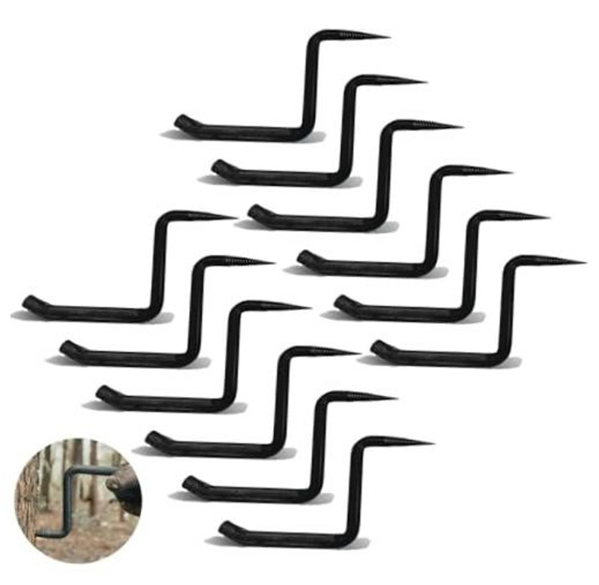 Black screw-in tree climbing steps, 12-pack of curved metal footholds