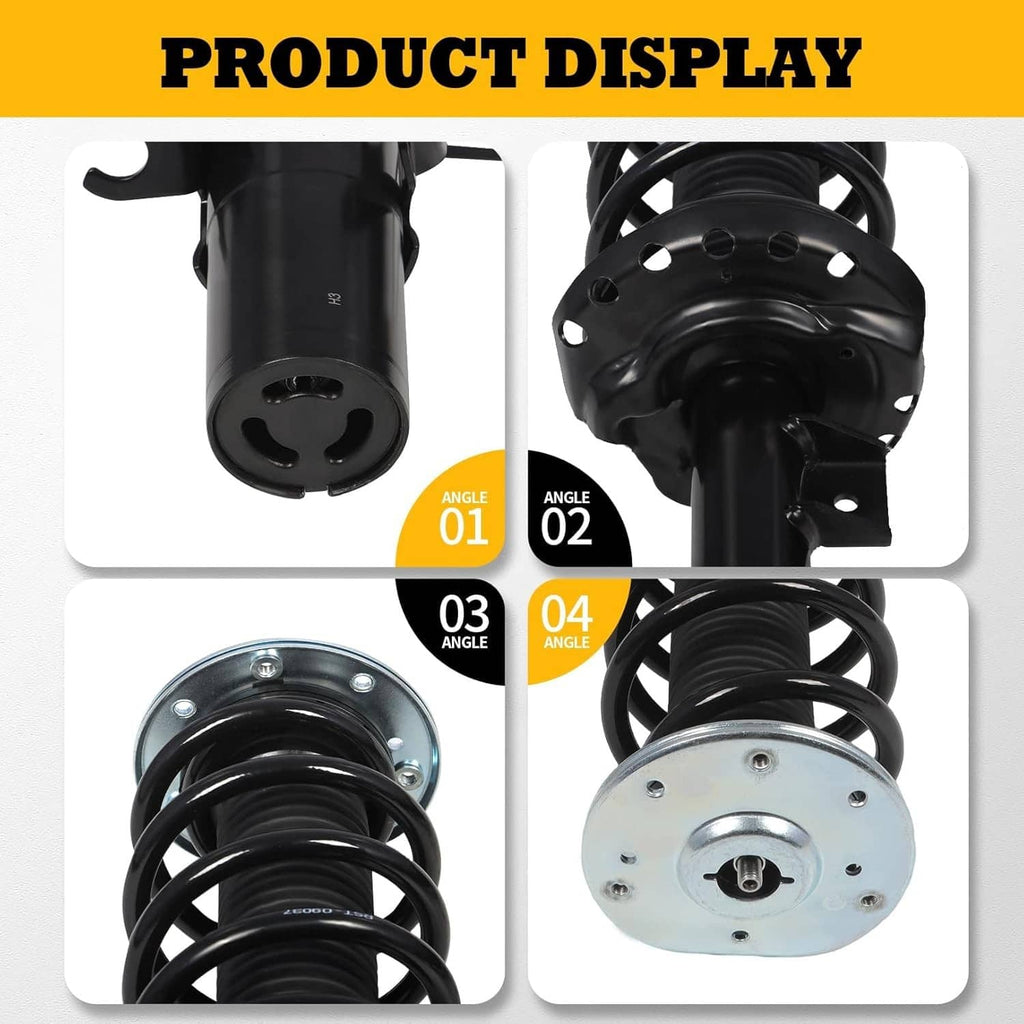 Close-up of black front shock strut with coil spring and mounting hardware
