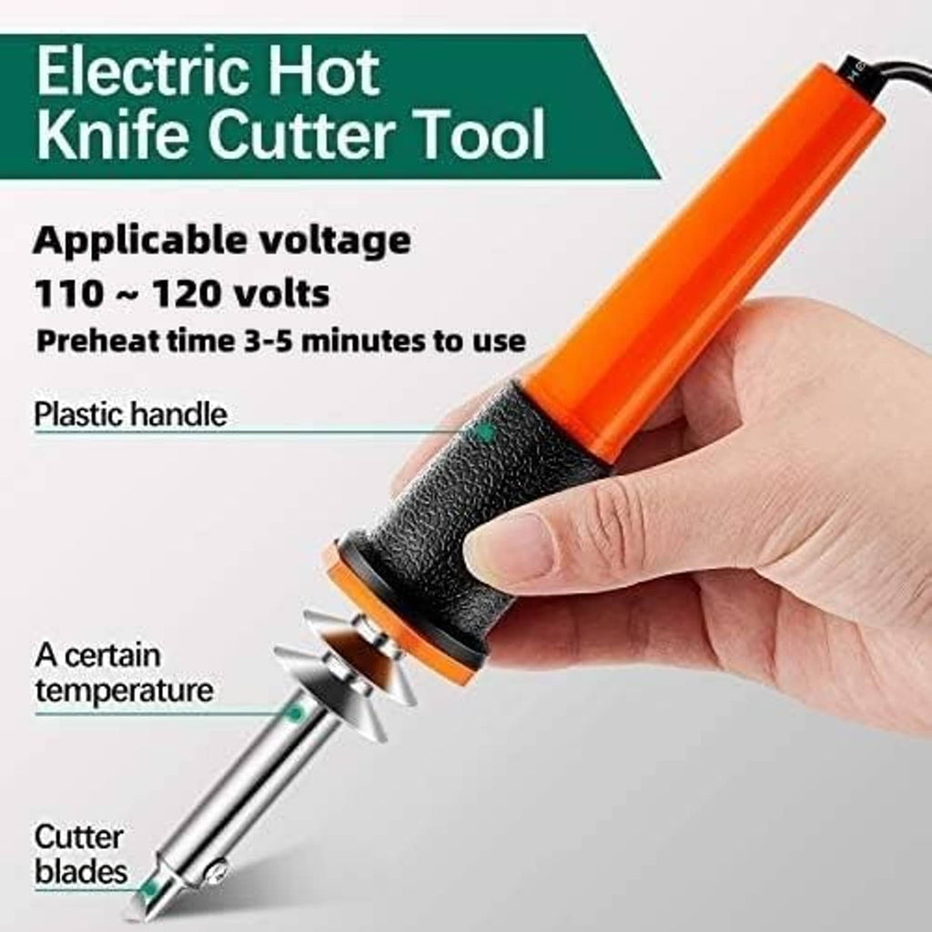 Electric hot knife cutter tool with orange handle and black textured grip, metal tip