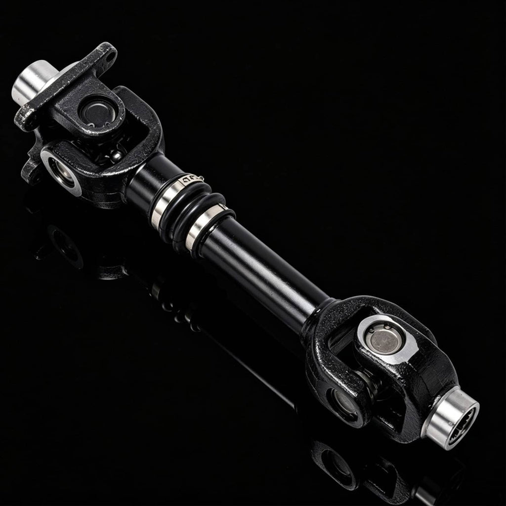Rear propeller shaft assembly with metal mounting yokes and black end caps