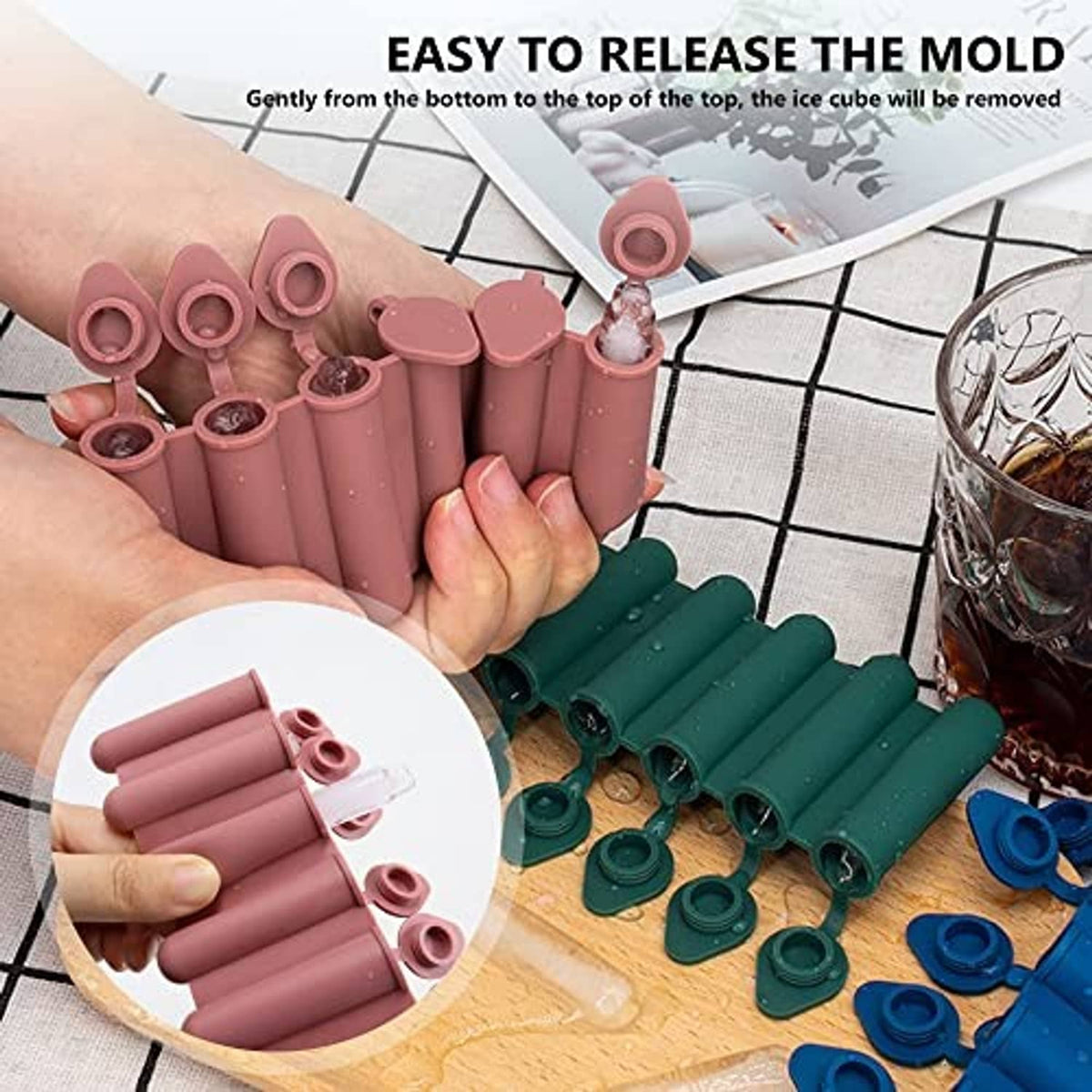 Silicone ice cube stick tray with lid, assorted pink and green tubes, hand holding mold