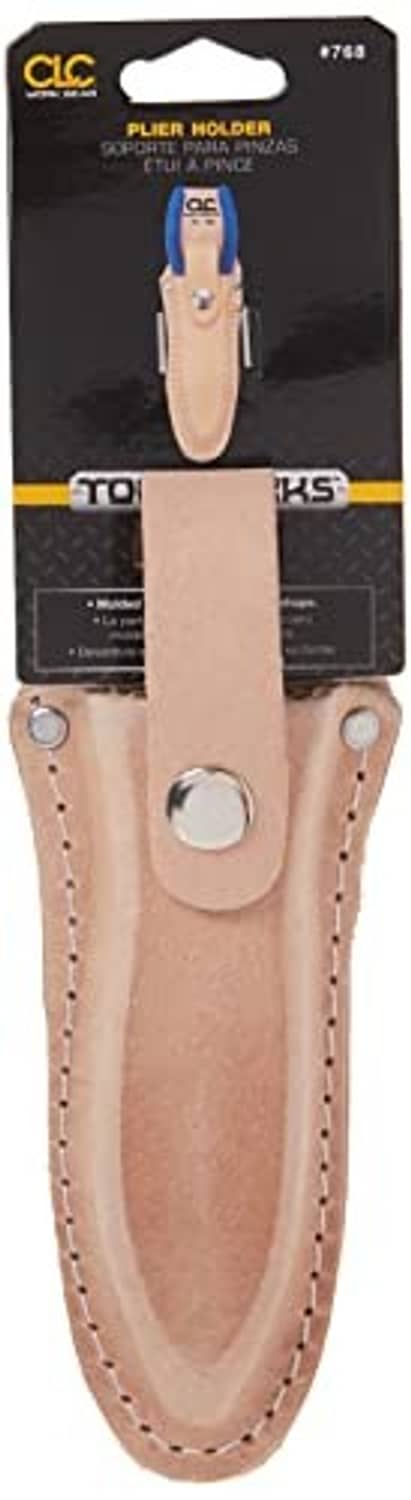Tan leather plier holder on retail card, snap pouch with belt loop