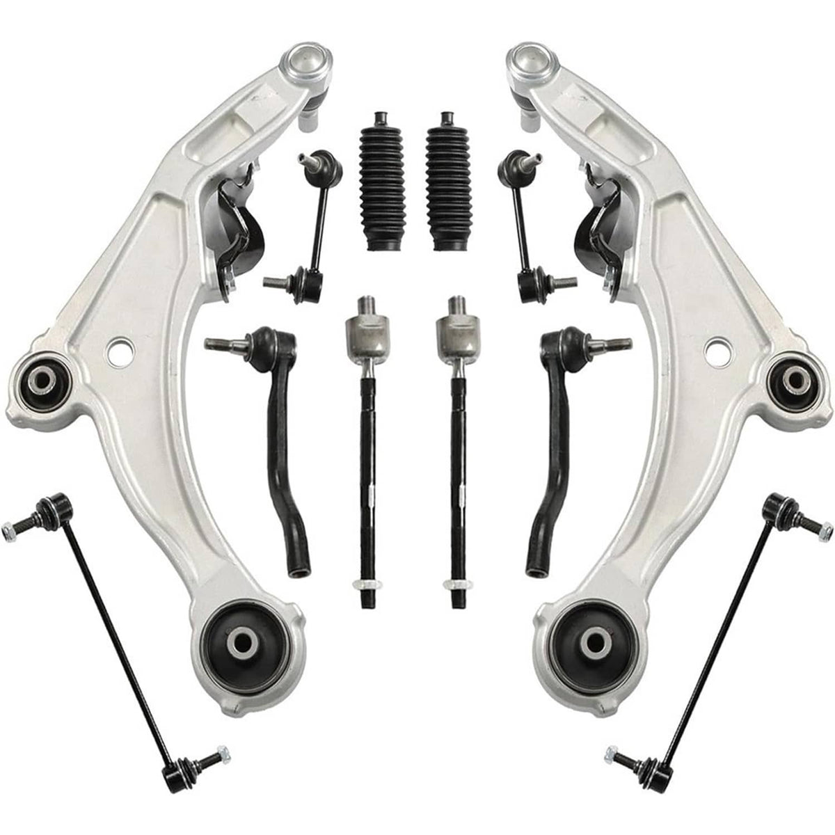 Pair of front lower control arms with ball joints, tie rods, and suspension links