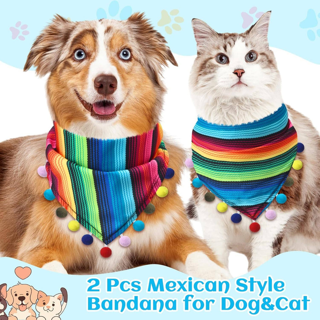 Dog and cat wearing Mexican-style bandanas: rainbow striped fabric with pompom trim