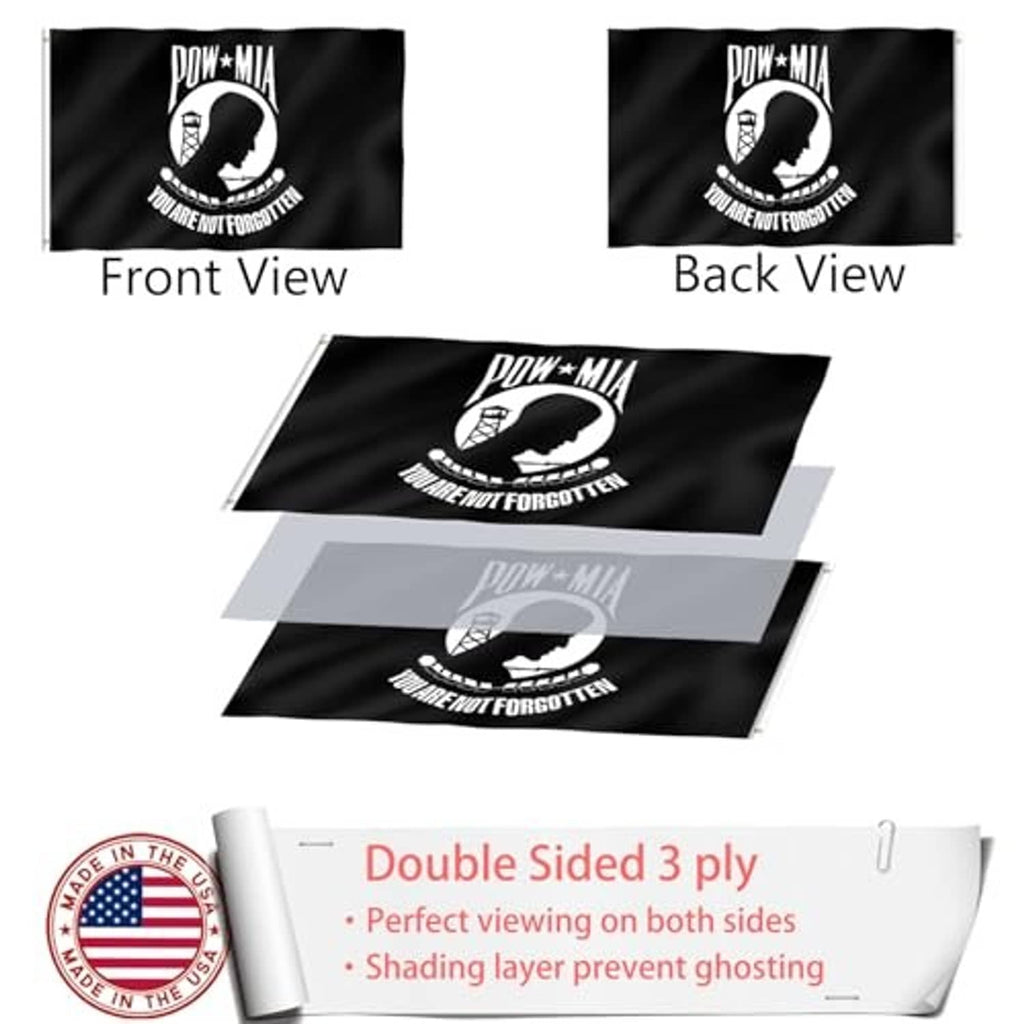 Black POW-MIA flag front and back views showing matching emblem on both sides