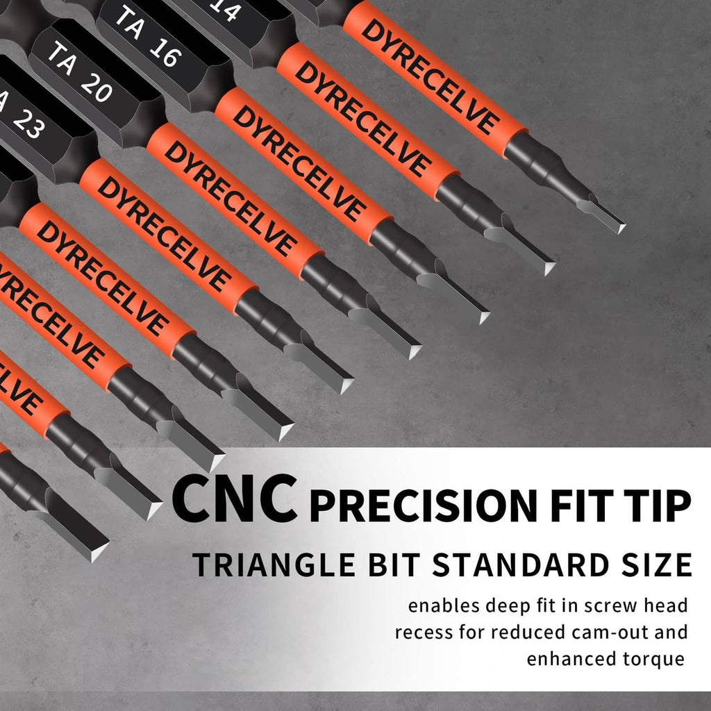 Close-up of triangle screwdriver bits with CNC precision tips and black-orange shafts