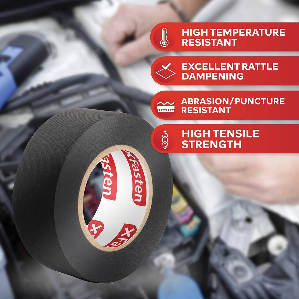 Black wire harness tape roll with adhesive surface shown on wiring bundle