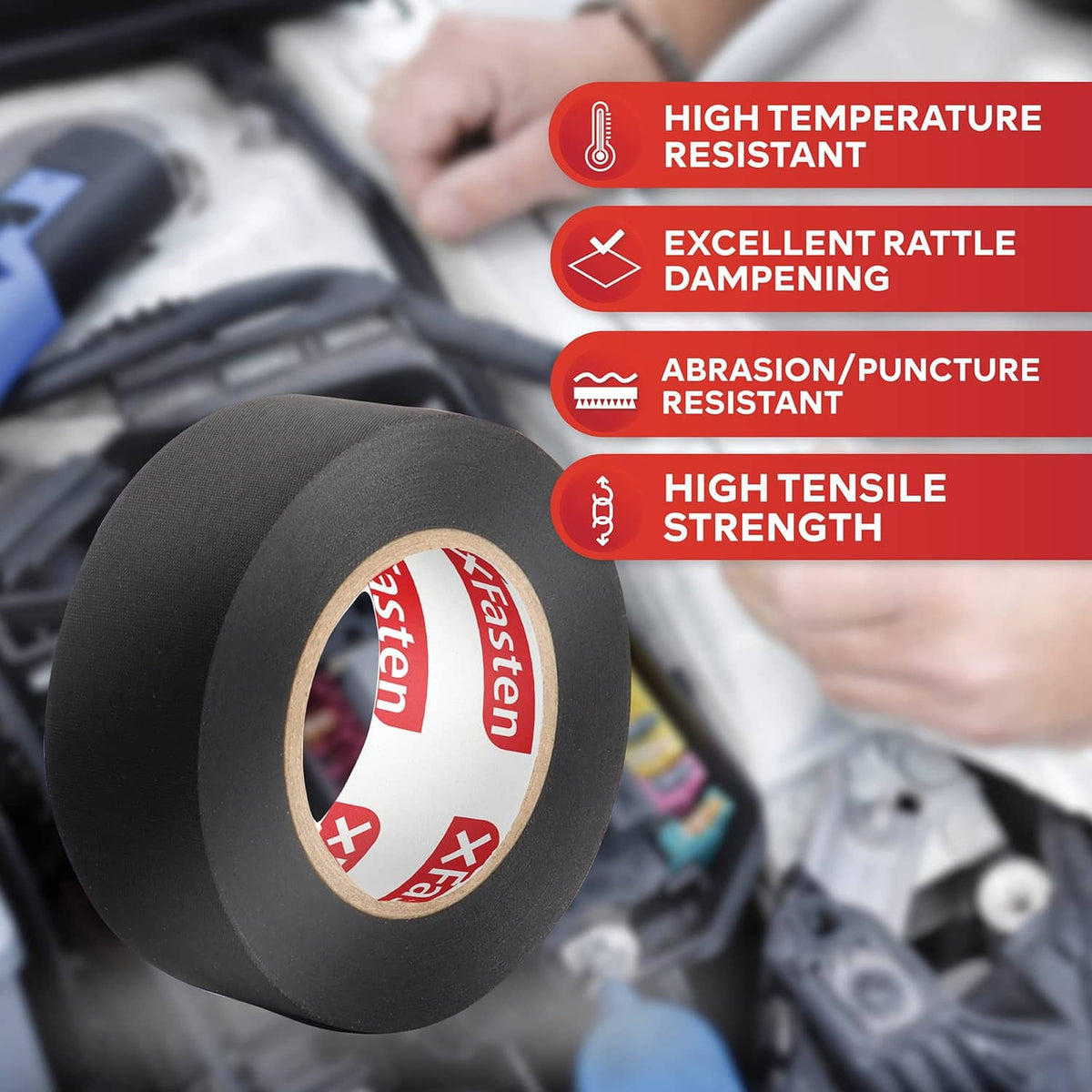 Black wire harness tape roll with adhesive surface shown on wiring bundle
