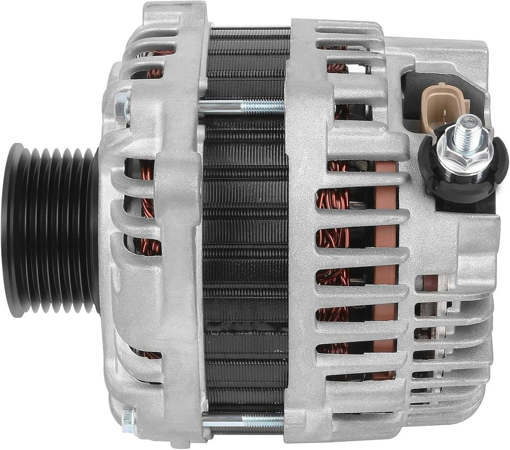 Silver alternator with ribbed housing, black pulley, and electrical connector plug