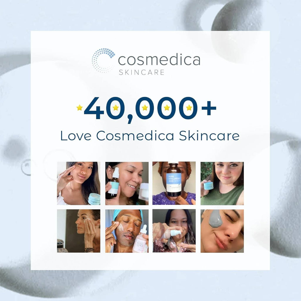 Skincare reviews collage with “Love Cosmedica Skincare” and 40,000+ rating