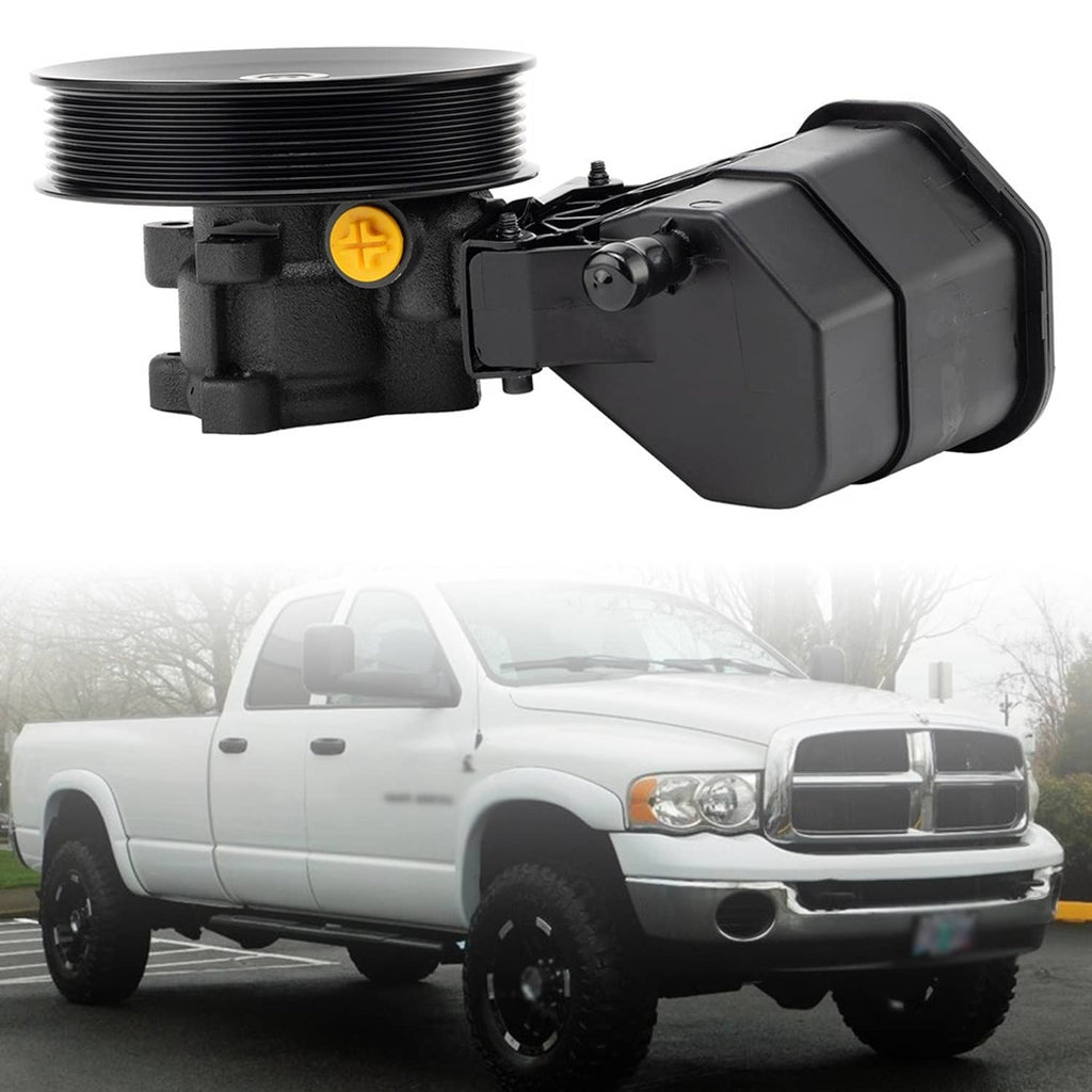 Power steering pump with reservoir, ribbed pulley and side fluid port