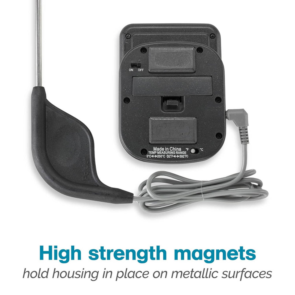 Polder thermometer back housing with magnets, power switch, and attached probe cable