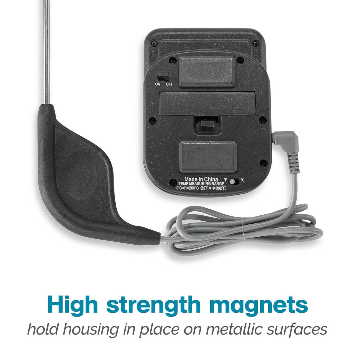 Polder thermometer back housing with magnets, power switch, and attached probe cable
